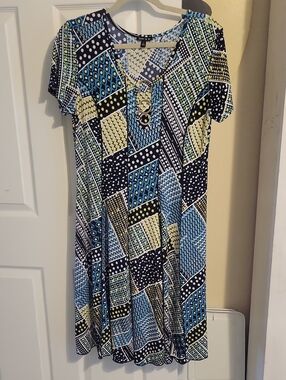 Sami & Jo SzLg Blue Patchwork Print Short Sleeve Tunic Ribbed Dress